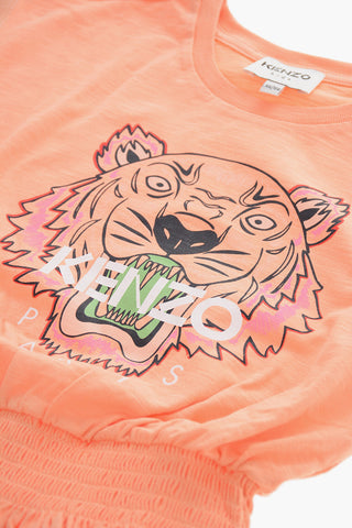 Drawstring Waist Tiger Crest Printed Tee Dress