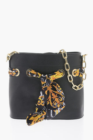JEANS COUTURE Faux Leather Bucket Bag with Foulard Embellishment and Chain Shoulder Strap