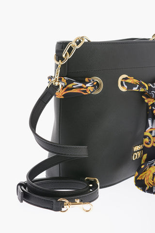 JEANS COUTURE Faux Leather Bucket Bag with Foulard Embellishment and Chain Shoulder Strap