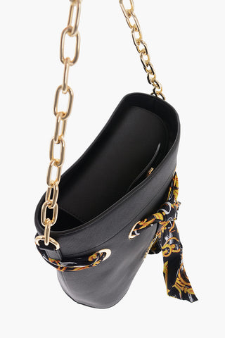 JEANS COUTURE Faux Leather Bucket Bag with Foulard Embellishment and Chain Shoulder Strap