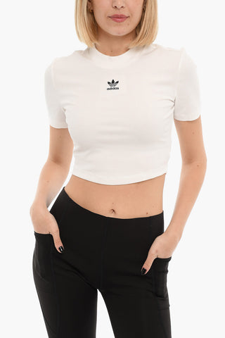 Ribbed Short Sleeved Cropped Top With Embroidered Logo