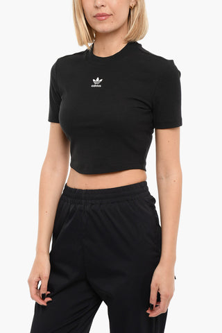 Ribbed Short Sleeved Cropped Top With Embroidered Logo