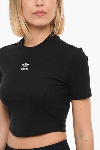 Ribbed Short Sleeved Cropped Top With Embroidered Logo