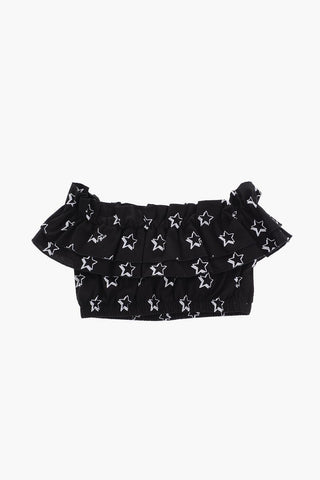 Flounced Off-Shoulder Crop Top with Printed Stars