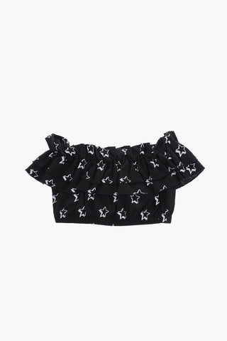 Flounced Off-Shoulder Crop Top with Printed Stars