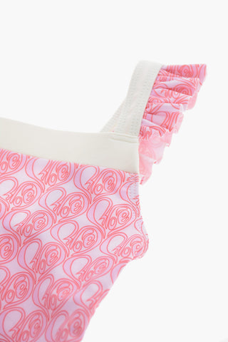 Costume da Bagno Intero con Logo All Over e Spallina Frill