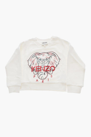 Brushed Cotton Crew-neck Sweatshirt with Elephant Embroidery