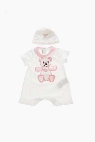 Set Romper Suit e Beanie in Cotone con Ricamo Logo