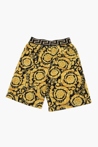 Drawstring Waist Cotton Shorts with Barocco Print