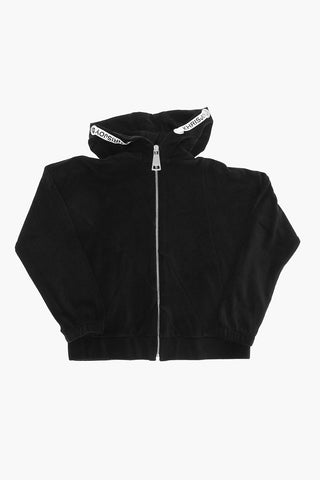 Velour Hoodie Sweatshirt with Logoed Drawstring
