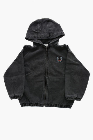 Hooded Denim Jacket with Tiger Crest Embroidery