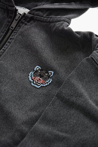 Hooded Denim Jacket with Tiger Crest Embroidery