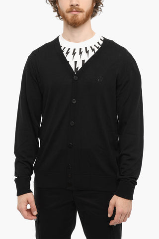 Wool Slim Fit Cardigan With V-Neck and Ridded cuff