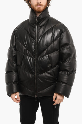 Piumino in Pelle e Nylon a Tinta Unita