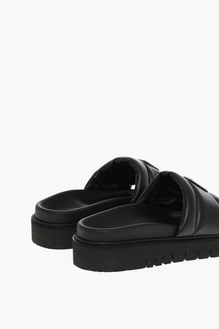 Solid Color Leather Sandals with Logo Plaque