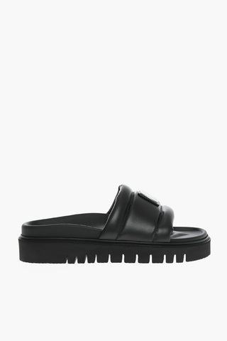 Solid Color Leather Sandals with Logo Plaque