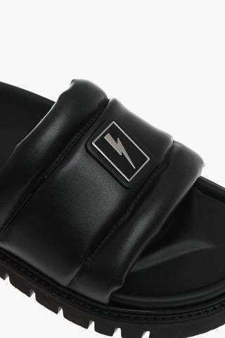 Solid Color Leather Sandals with Logo Plaque