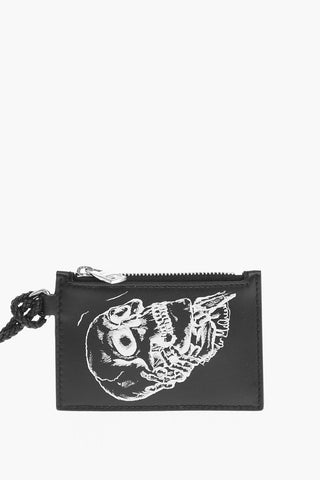 Leather Neck Card Holder with Skull Print