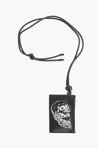 Leather Neck Card Holder with Skull Print