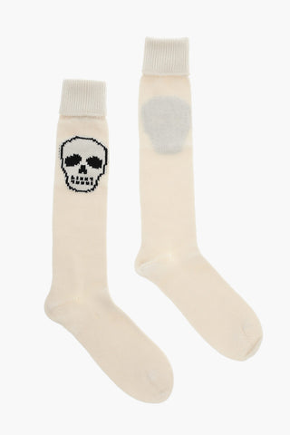 Cotton Long Socks with Embroidered Skull