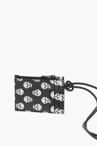 Leather Neck Card Holder with All-Over Skull