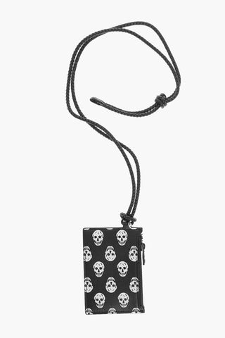 Leather Neck Card Holder with All-Over Skull