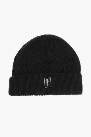 Wool Blend Beanie with Logo Plaque