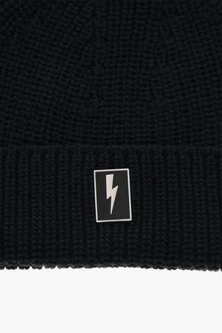 Wool Blend Beanie with Logo Plaque