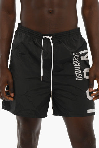 ICON Solid Color Swim Shorts with Printed Contrasting Logo