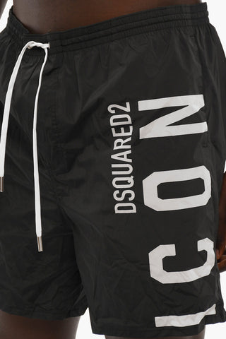 ICON Solid Color Swim Shorts with Printed Contrasting Logo