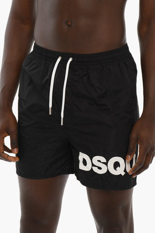 Solid Color Swim Shorts with Printed Contrasting Logo
