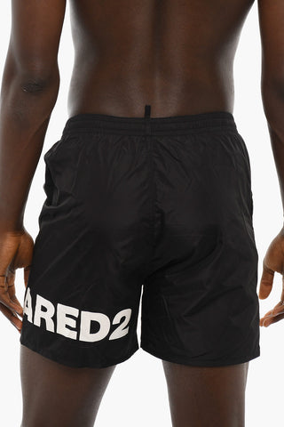 Solid Color Swim Shorts with Printed Contrasting Logo