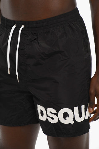 Solid Color Swim Shorts with Printed Contrasting Logo