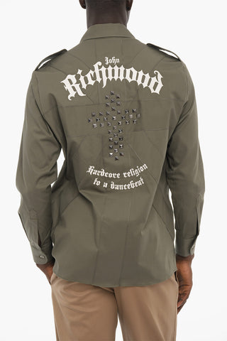 Stretch Cotton Shirt with Embroidered Logo and Studs