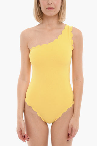 Solid Color One-Shoulder Swimsuit with Scalloped Edge