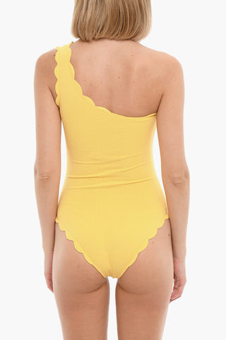 Solid Color One-Shoulder Swimsuit with Scalloped Edge