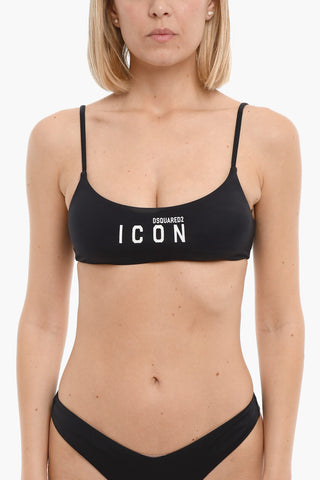 ICON Top Bikini in Tinta Unita con Logo Stampato a Contrasto