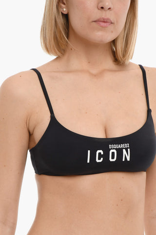 ICON Top Bikini in Tinta Unita con Logo Stampato a Contrasto