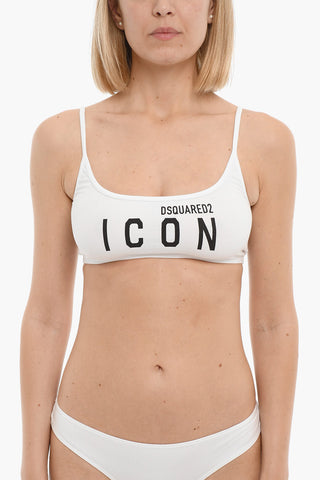 Stretch Cotton Sport Bra with Printed Contrasting Logo