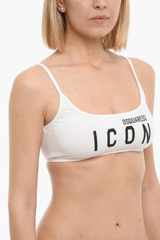 Stretch Cotton Sport Bra with Printed Contrasting Logo