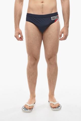 Costume da Bagno Slip in Tinta Unita con Patch Logo