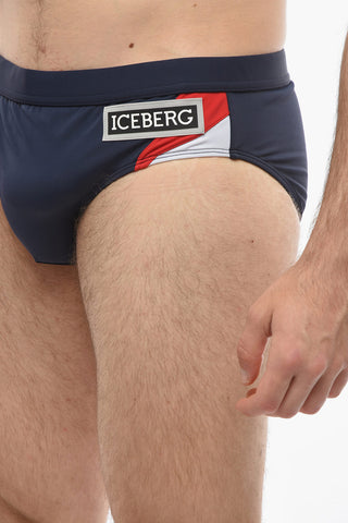 Costume da Bagno Slip in Tinta Unita con Patch Logo