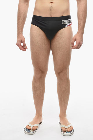 Costume da Bagno Slip in Tinta Unita con Patch Logo