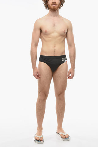 Costume da Bagno Slip in Tinta Unita con Patch Logo