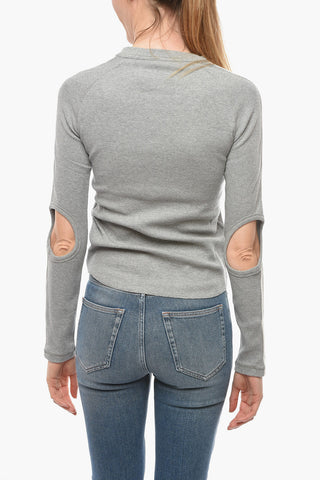 Crew-neck T-Shirt with Contrasting Bands and Cut-Out Details on the Elbows
