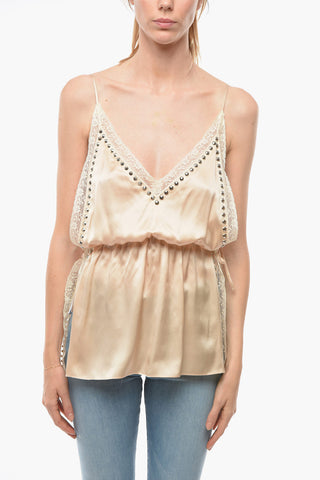 Lace-edged Silk Top with Studs
