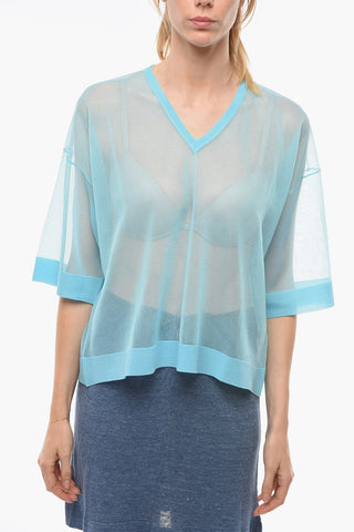 Short-sleeved Meshed Top with V-neck