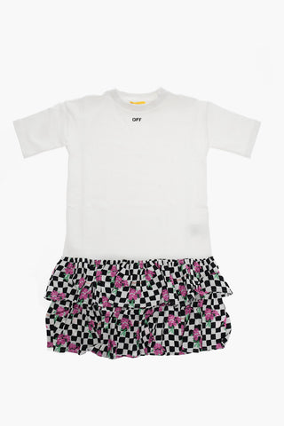 Crew-Neck CHESSBOARD Dress with Flounced and Checked Skirt