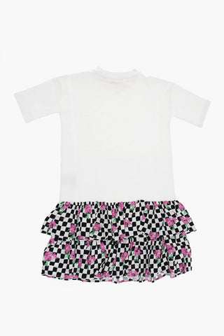 Crew-Neck CHESSBOARD Dress with Flounced and Checked Skirt