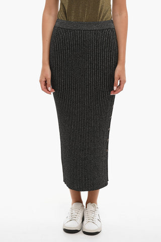 Ribbed Lurex Maxi Sheath Skirt with Side Buttons